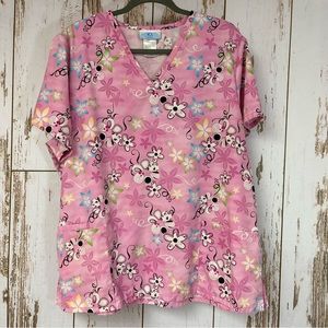 SB Scrubs, Pink Floral Fun Scrub Top. Size XL. In excellent condition!